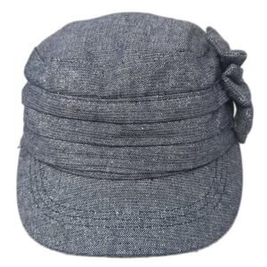 Blue Army Cap Hat Large Side Bow Pleated Sparkle Accents Denim Style OS